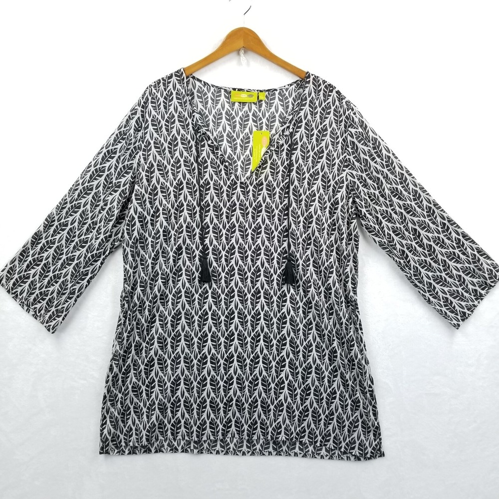 Rock Flower Paper Tunic Women L Black White Print Cotton Beach Cover‎ Up Top New